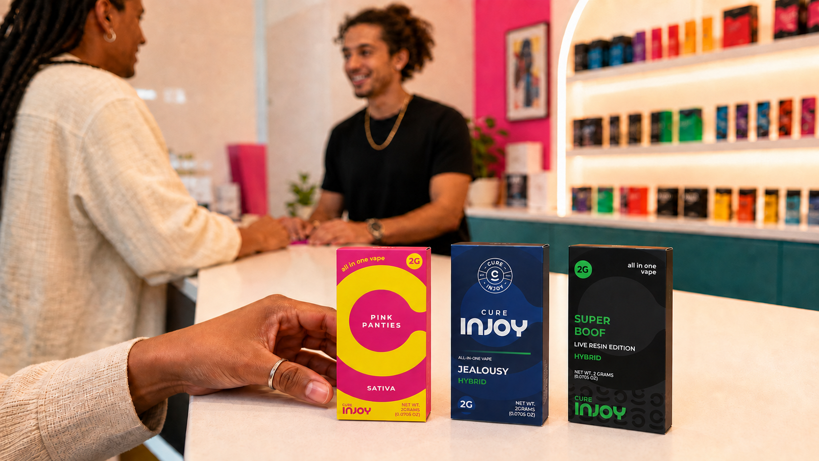 A customer exploring current Cure Injoy Essentials, Legacy, and Live Resin collections at a licensed retailer