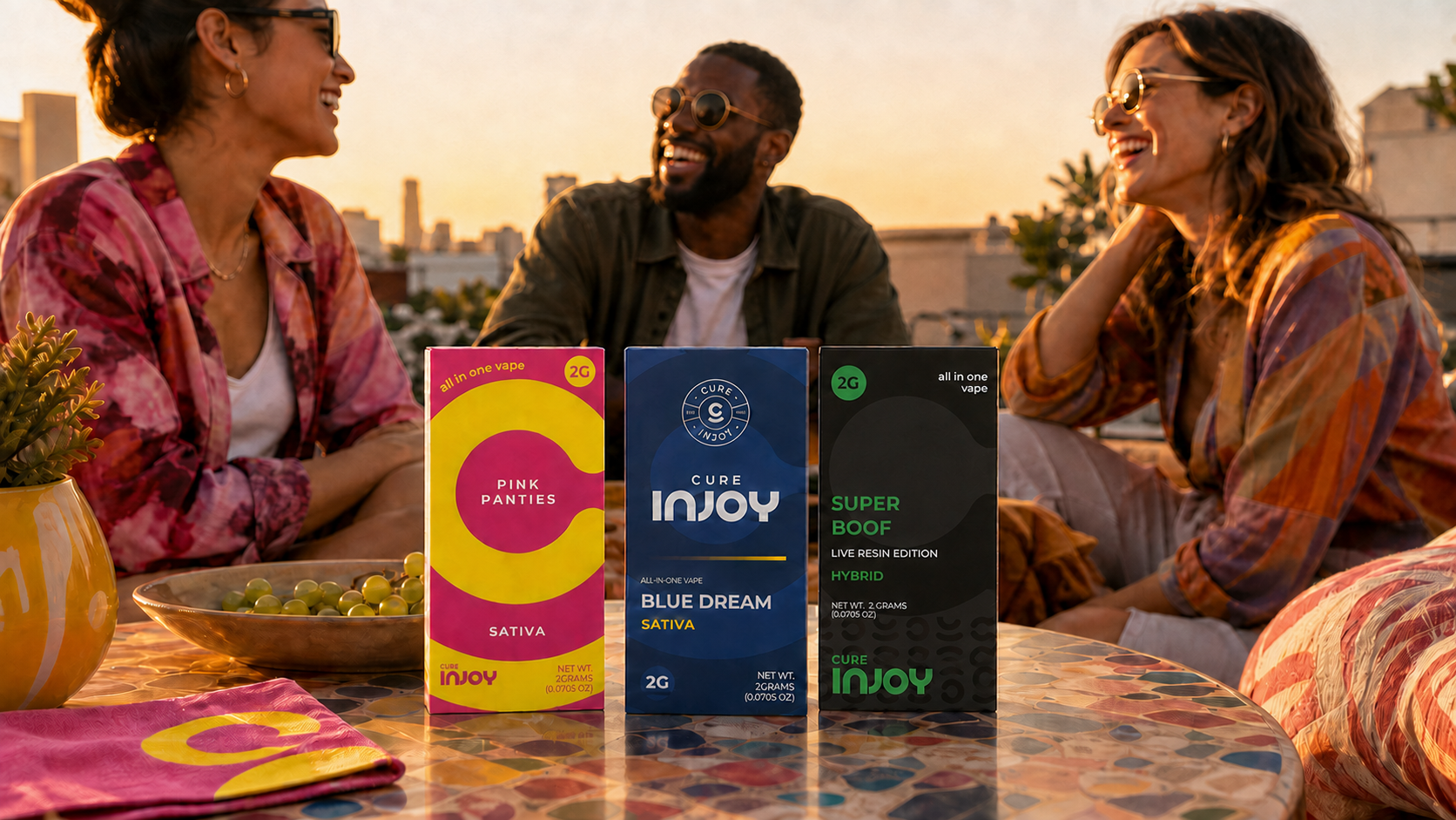 Friends gathering around Cure Injoy Essentials, Legacy, and Live Resin products