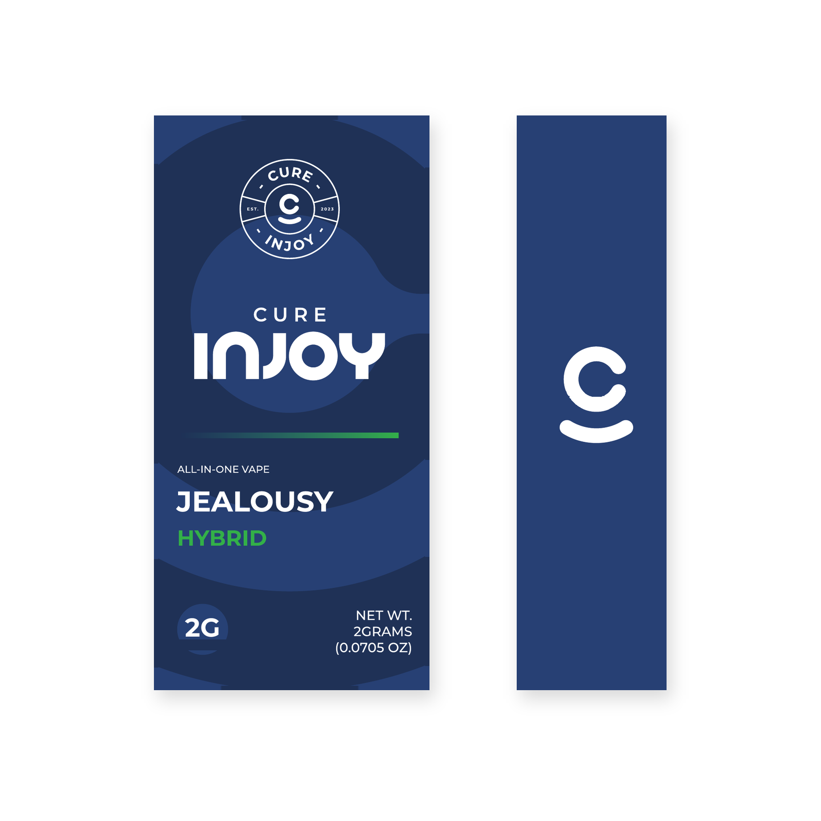 Jealousy front and right-side package views