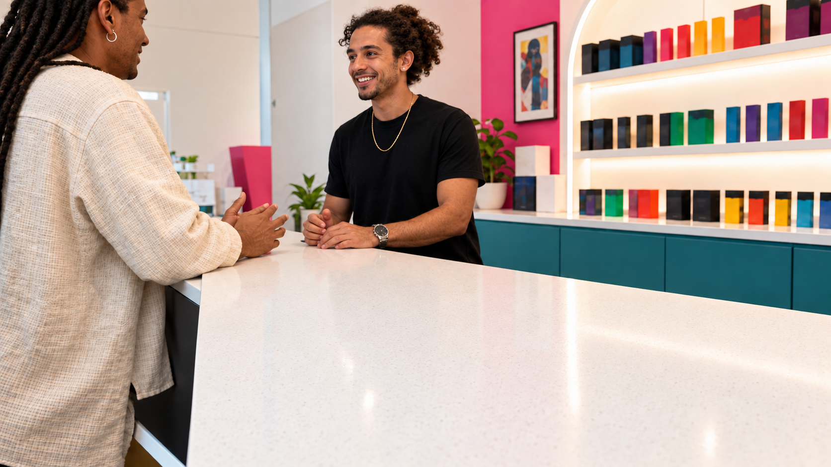 Customer talking with a licensed retailer at the counter