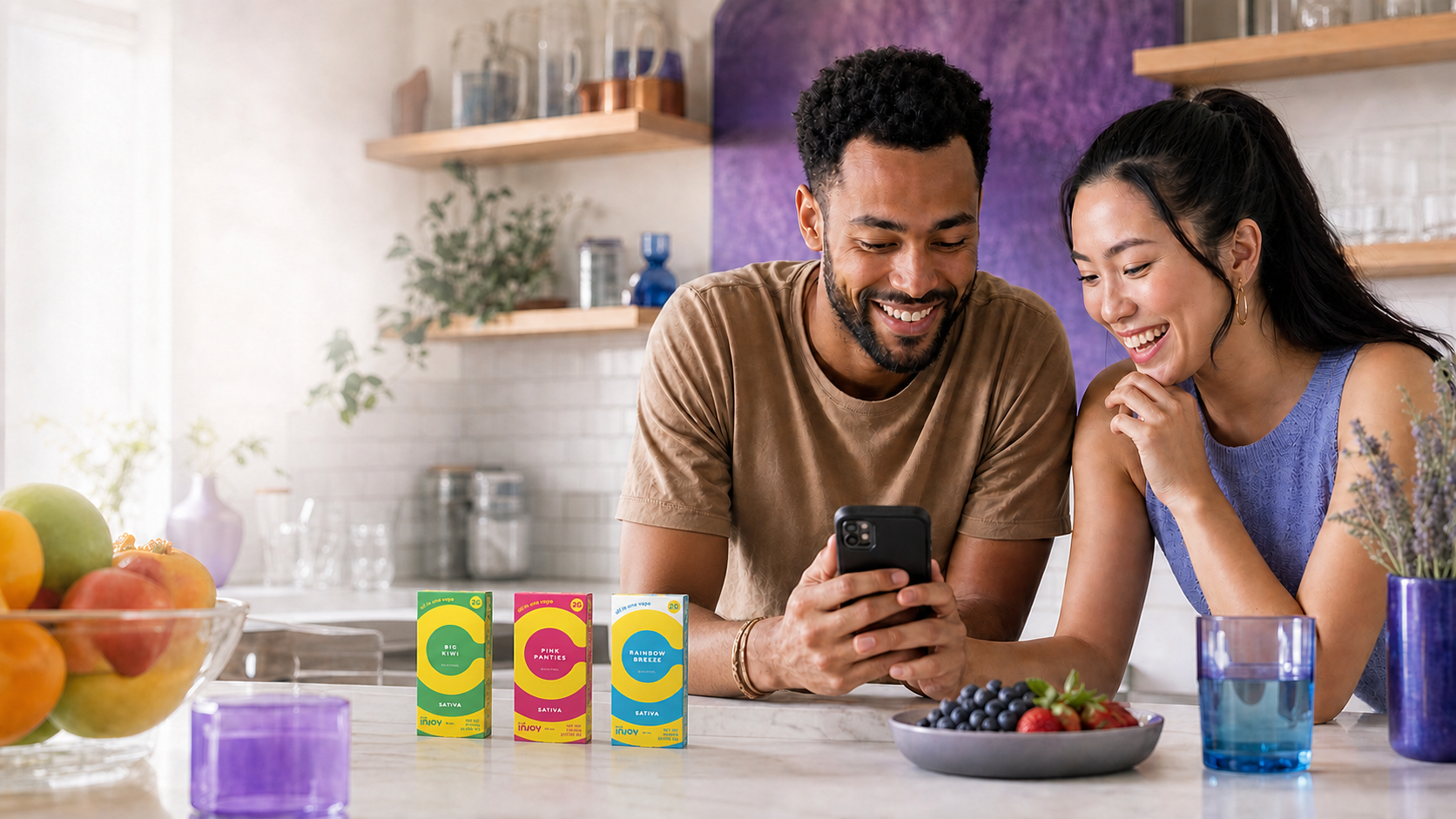 Two friends smiling as they browse flavors together on a phone