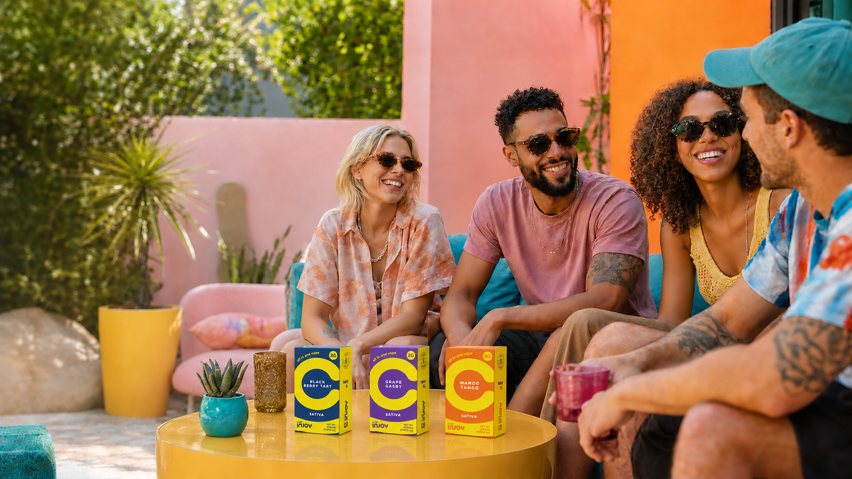 Friends enjoying a sunny patio moment