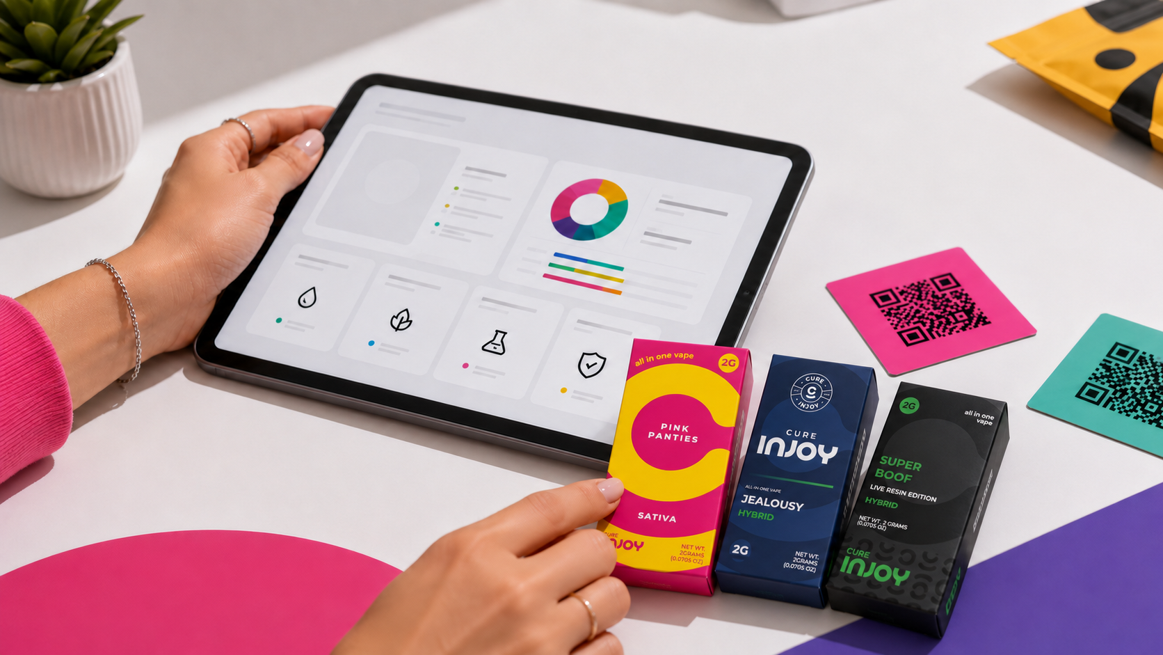 Current Cure Injoy Essentials, Legacy, and Live Resin packaging beside product details on a tablet